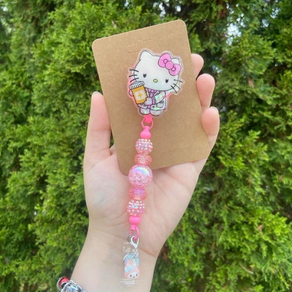 Pharmacy Hello Kitty Shaker Beaded Badge Reel